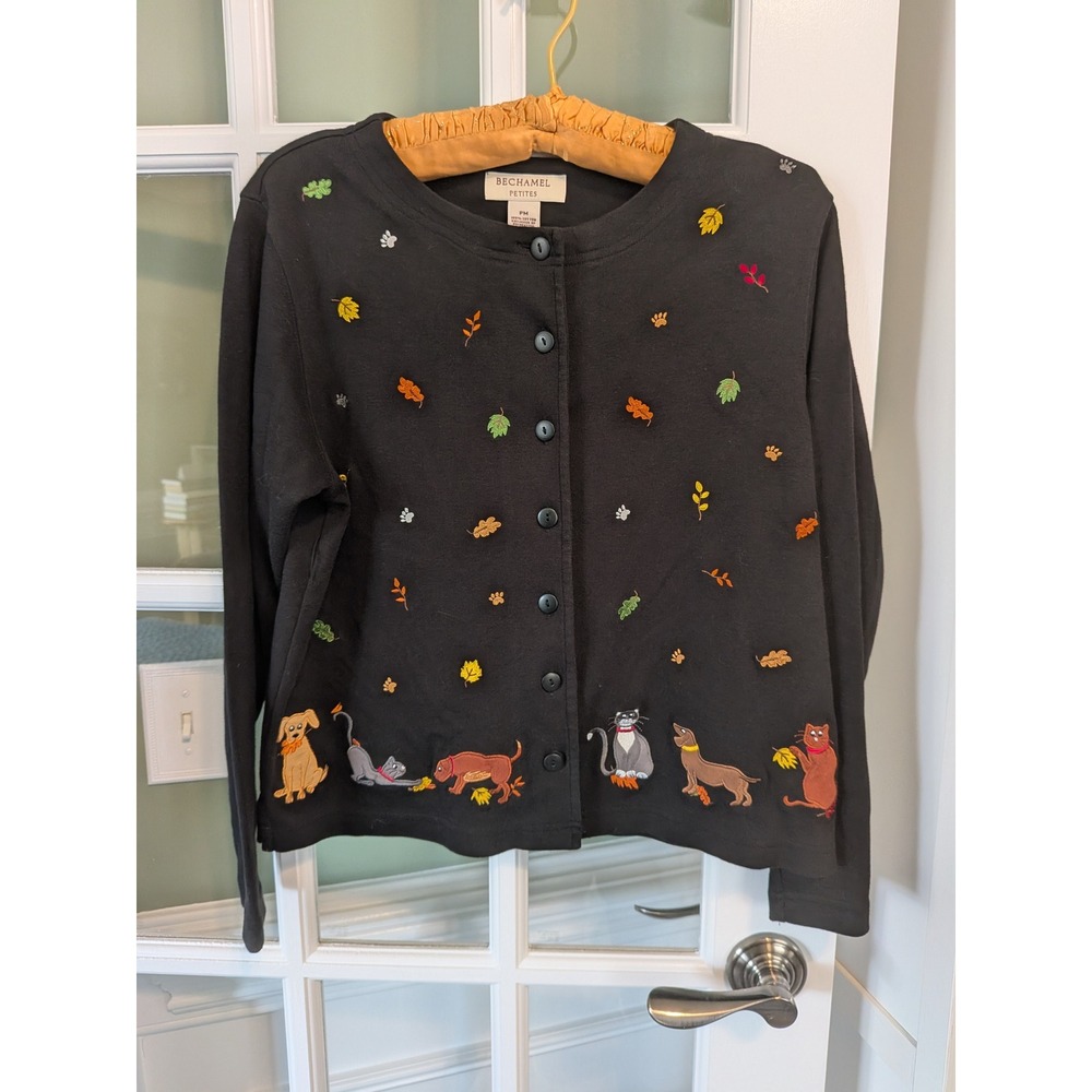 Bechamel Petites Black Cotton Cardigan Embroidered Cats Dogs Fall Leaves PM